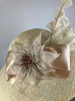 Women's Classic creamy neutral  Hat. Straw Hat Breakfast at Tiffany's Audrey Hepburn. Ivory straw hat, feathers, ribbon. Handmade hat Derby
