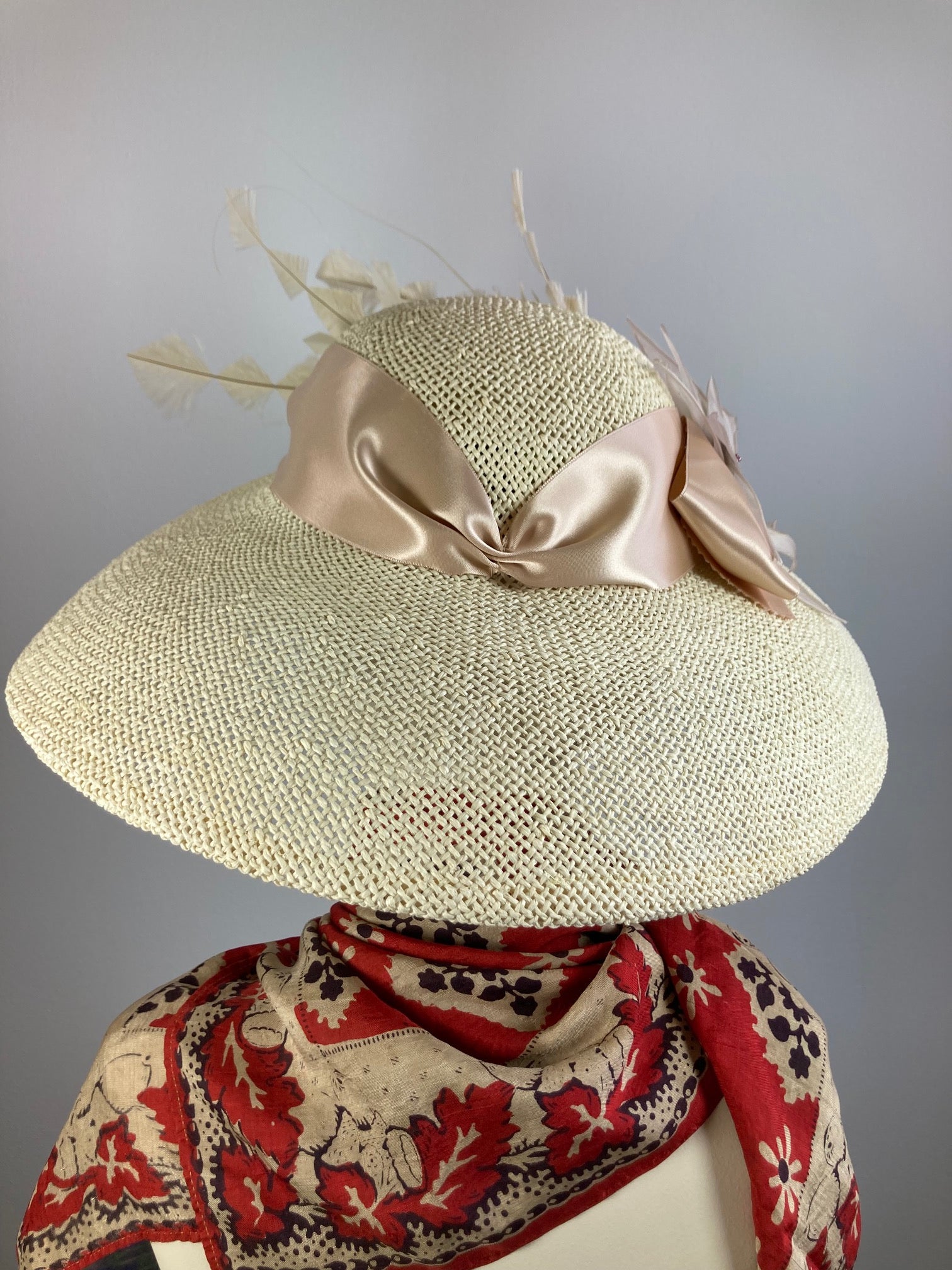 Women's Classic creamy neutral  Hat. Straw Hat Breakfast at Tiffany's Audrey Hepburn. Ivory straw hat, feathers, ribbon. Handmade hat Derby