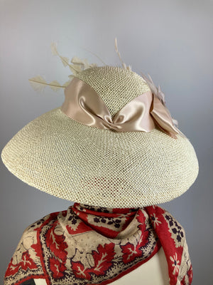 Women's Classic creamy neutral  Hat. Straw Hat Breakfast at Tiffany's Audrey Hepburn. Ivory straw hat, feathers, ribbon. Handmade hat Derby