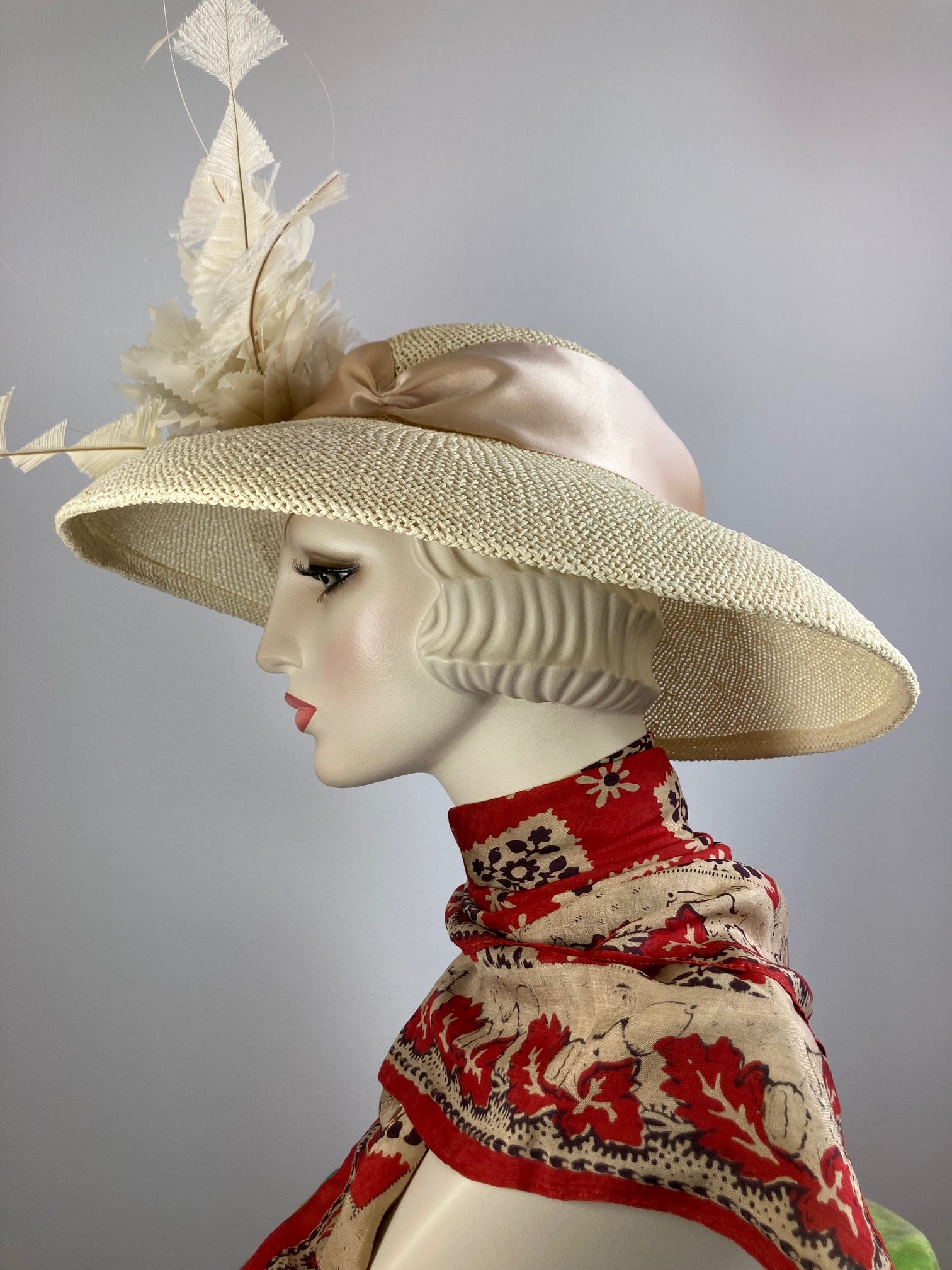 Women's Classic creamy neutral  Hat. Straw Hat Breakfast at Tiffany's Audrey Hepburn. Ivory straw hat, feathers, ribbon. Handmade hat Derby