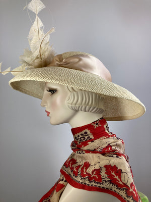 Women's Classic creamy neutral  Hat. Straw Hat Breakfast at Tiffany's Audrey Hepburn. Ivory straw hat, feathers, ribbon. Handmade hat Derby