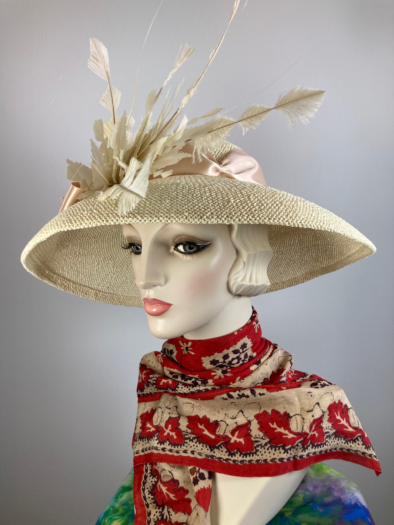 Women's Classic creamy neutral  Hat. Straw Hat Breakfast at Tiffany's Audrey Hepburn. Ivory straw hat, feathers, ribbon. Handmade hat Derby