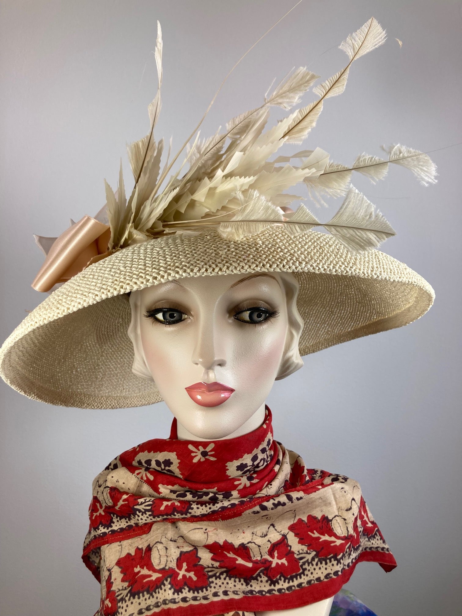 Women's Classic creamy neutral  Hat. Straw Hat Breakfast at Tiffany's Audrey Hepburn. Ivory straw hat, feathers, ribbon. Handmade hat Derby