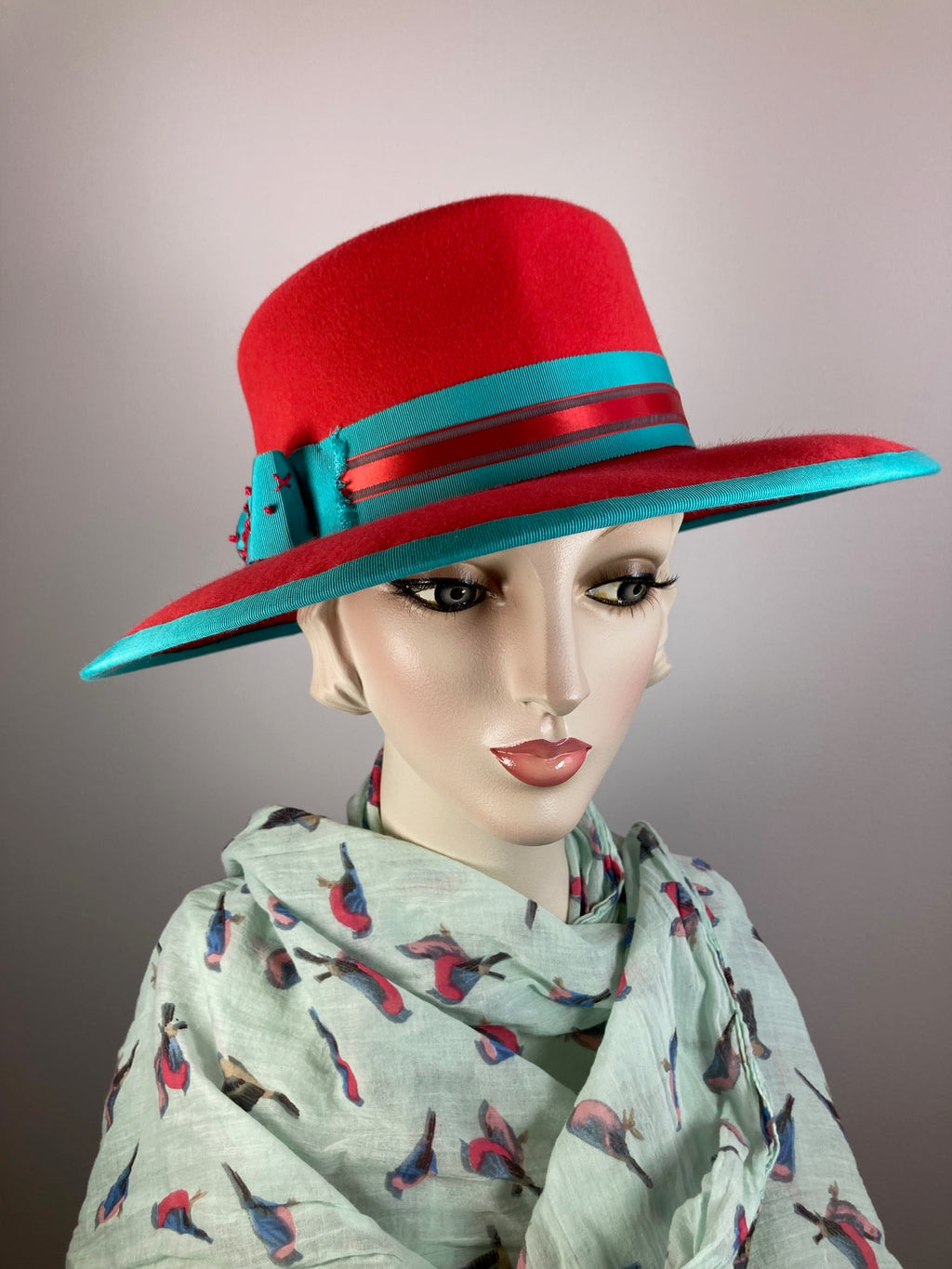 Women's Menswear Warm Wool Felt Hat in tomato red and turquoise for Winter, Ladies Winter Fedora Hat, Vibrant Handmade OOAK womens hat