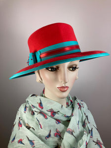 Women's Menswear Warm Wool Felt Hat in tomato red and turquoise for Winter, Ladies Winter Fedora Hat, Vibrant Handmade OOAK womens hat
