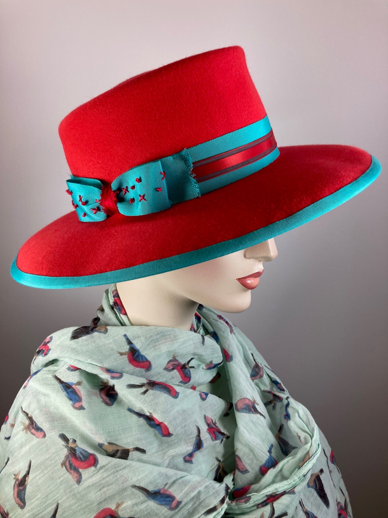 Women's Menswear Warm Wool Felt Hat in tomato red and turquoise for Winter, Ladies Winter Fedora Hat, Vibrant Handmade OOAK womens hat