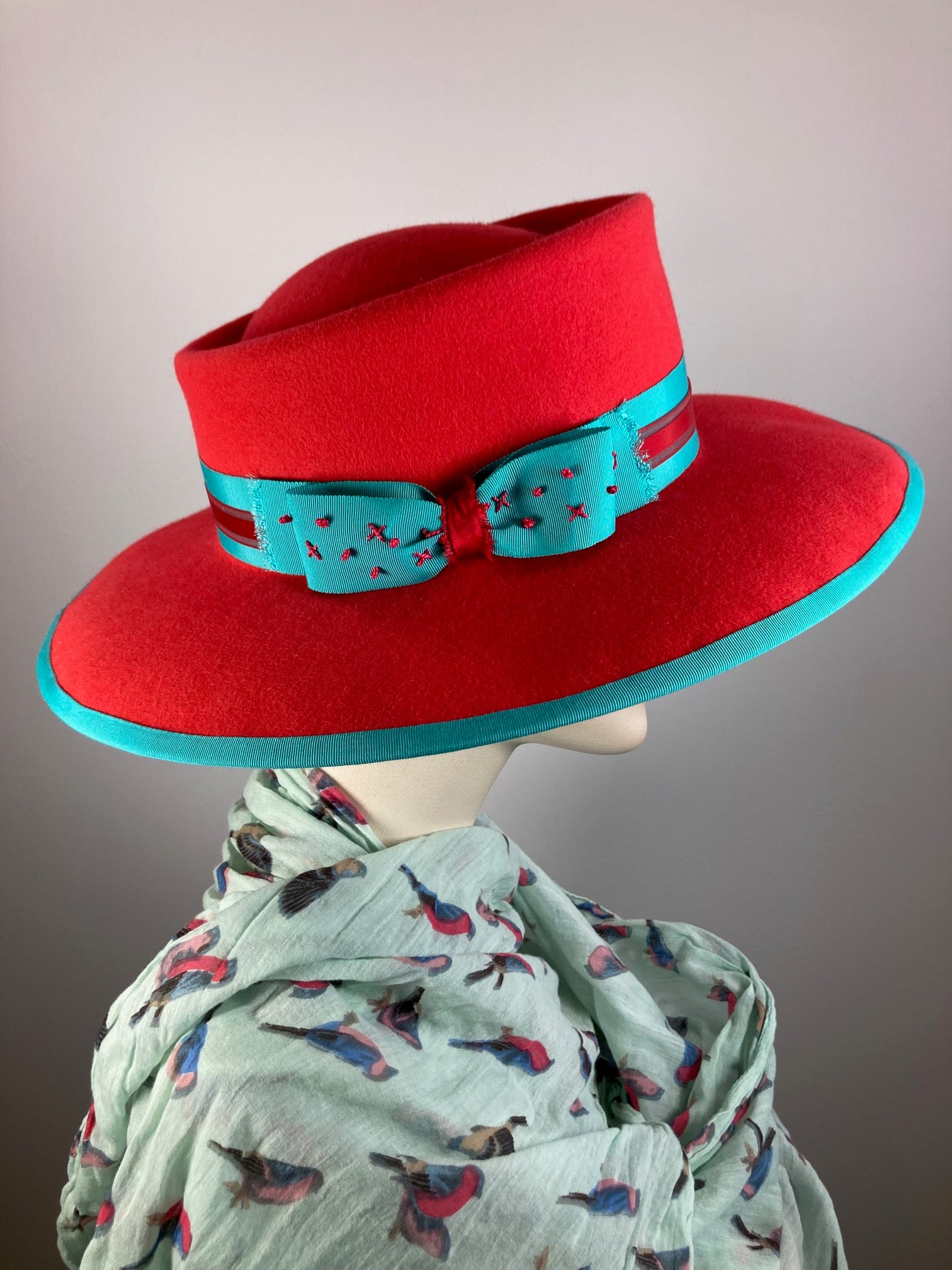 Women's Menswear Warm Wool Felt Hat in tomato red and turquoise for Winter, Ladies Winter Fedora Hat, Vibrant Handmade OOAK womens hat