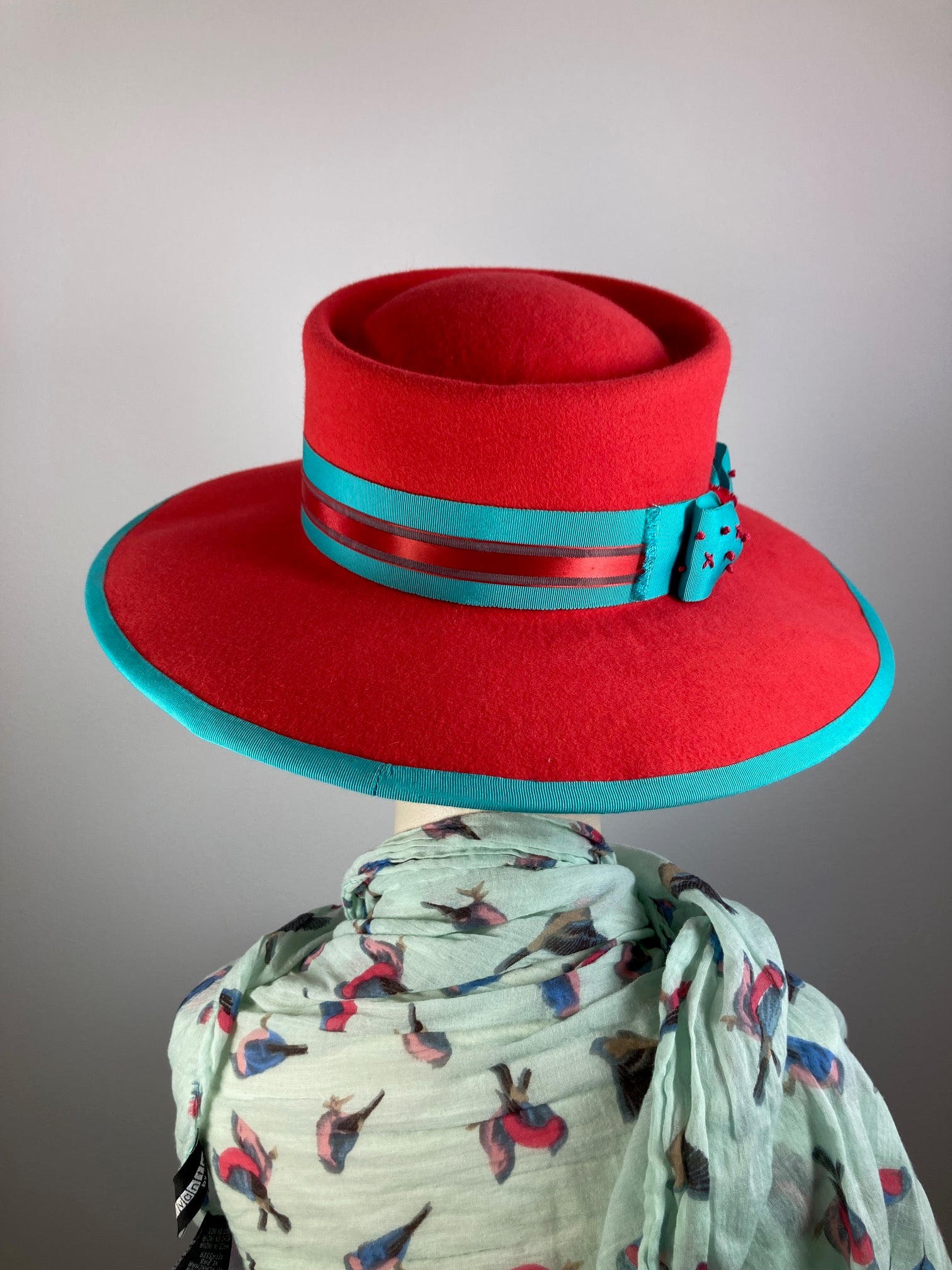Women's Menswear Warm Wool Felt Hat in tomato red and turquoise for Winter, Ladies Winter Fedora Hat, Vibrant Handmade OOAK womens hat