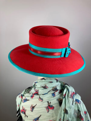 Women's Menswear Warm Wool Felt Hat in tomato red and turquoise for Winter, Ladies Winter Fedora Hat, Vibrant Handmade OOAK womens hat