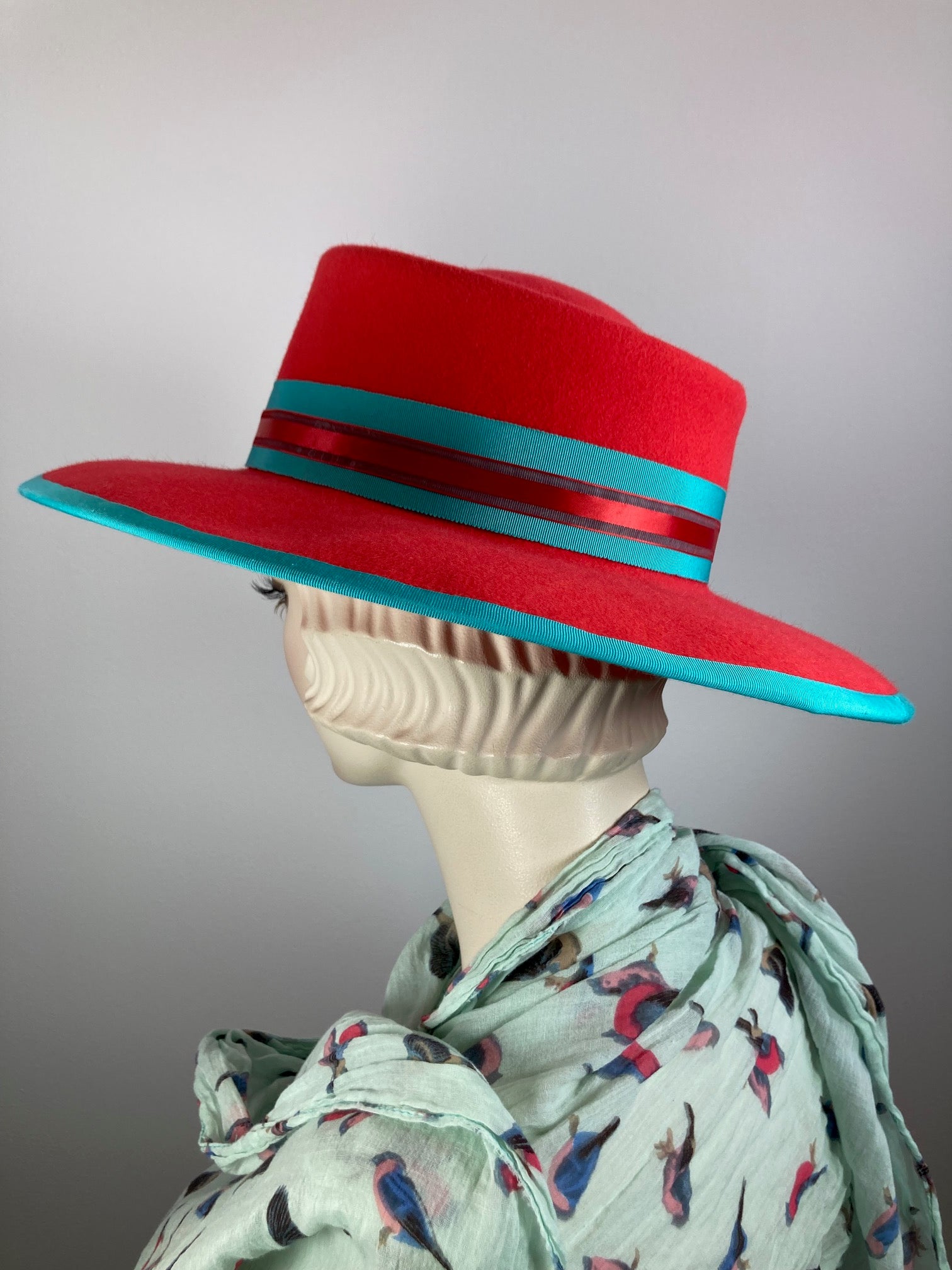 Women's Menswear Warm Wool Felt Hat in tomato red and turquoise for Winter, Ladies Winter Fedora Hat, Vibrant Handmade OOAK womens hat