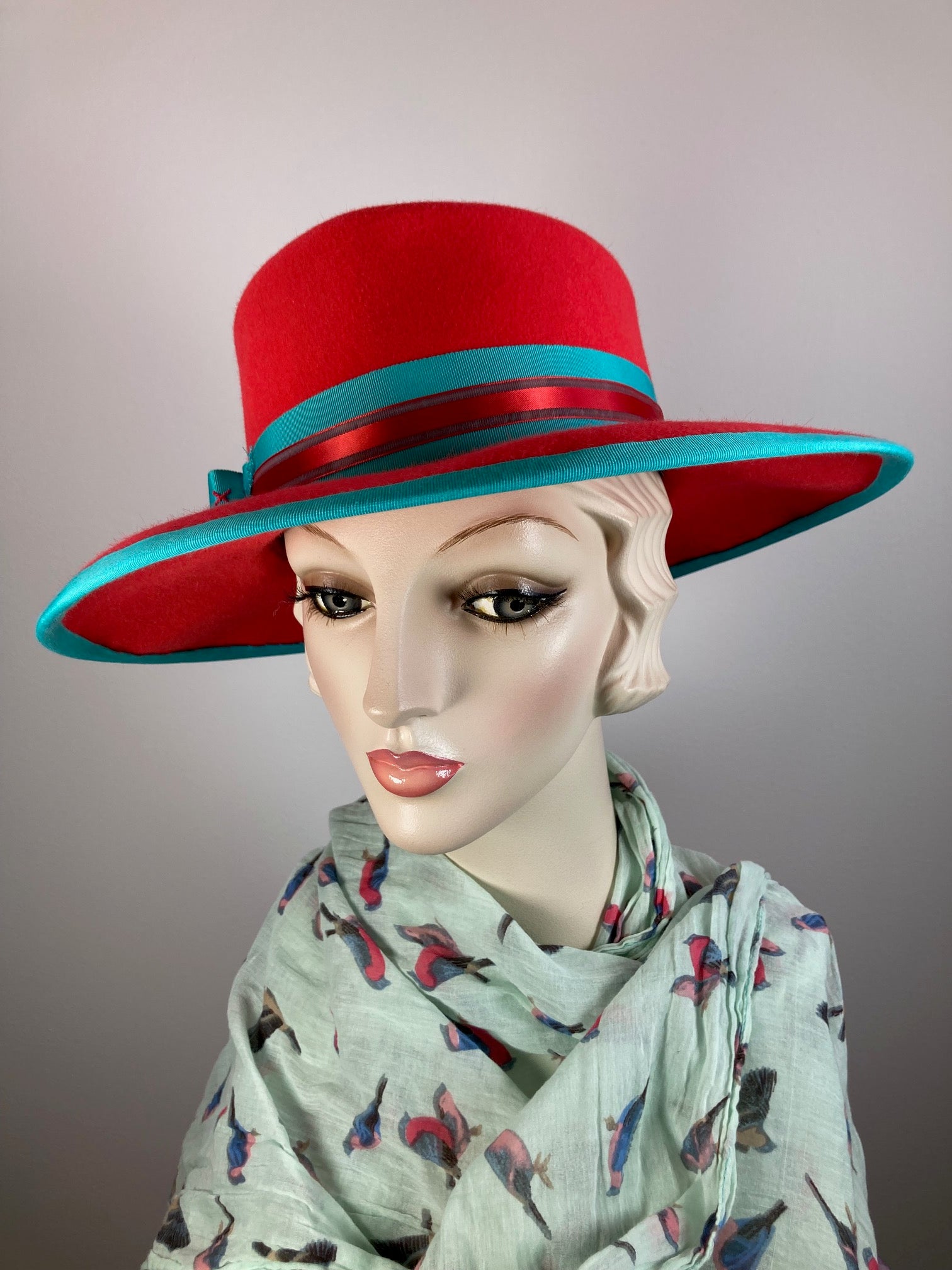 Women's Menswear Warm Wool Felt Hat in tomato red and turquoise for Winter, Ladies Winter Fedora Hat, Vibrant Handmade OOAK womens hat