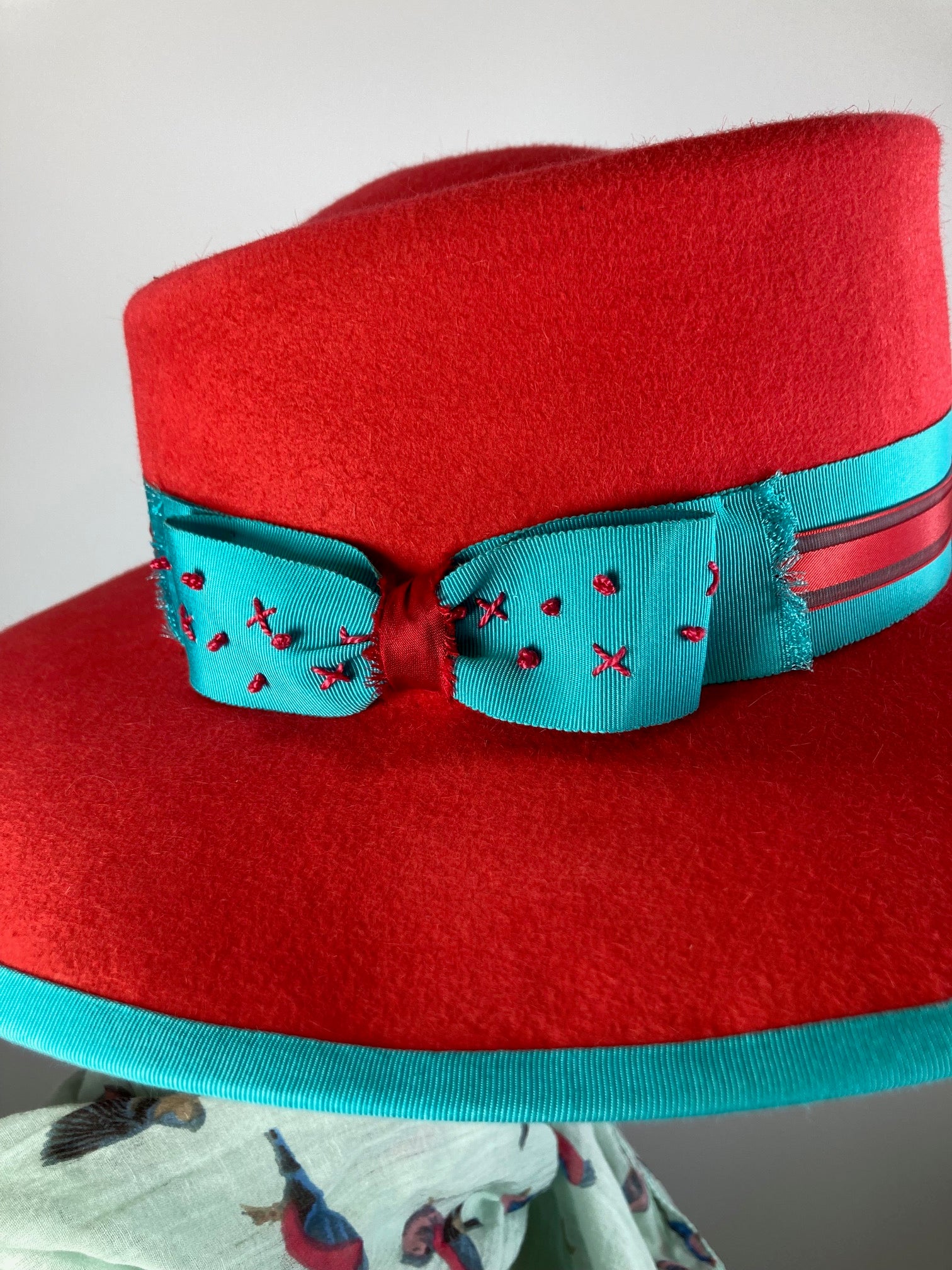 Women's Menswear Warm Wool Felt Hat in tomato red and turquoise for Winter, Ladies Winter Fedora Hat, Vibrant Handmade OOAK womens hat