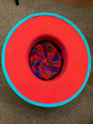 Women's Menswear Warm Wool Felt Hat in tomato red and turquoise for Winter, Ladies Winter Fedora Hat, Vibrant Handmade OOAK womens hat