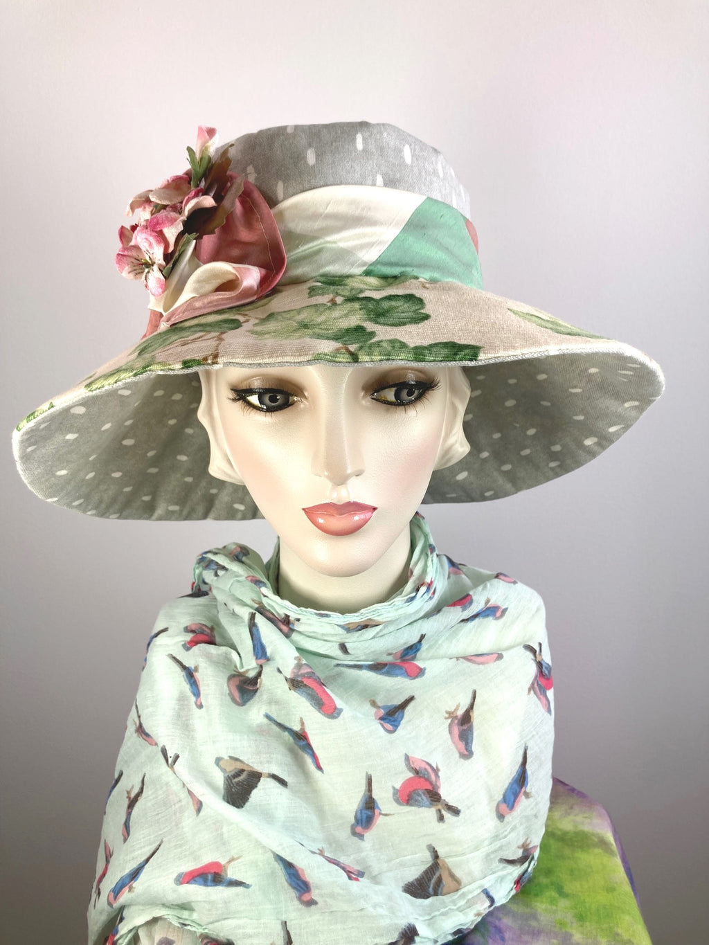 One of a kind upcycled floral sun hat. Handmade Wide Brim Women's Summer Sun Hat. Flower Ladies summer fabric hat. Travel brim hat.