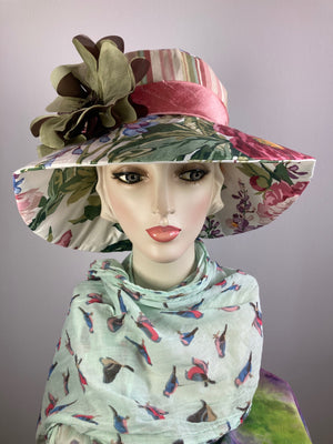 One of a kind upcycled floral sun hat. Handmade Wide Brim Women's Summer Sun Hat. Fabric summer brim hat for travel. Sustainable fashion.