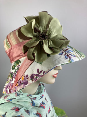 One of a kind upcycled floral sun hat. Handmade Wide Brim Women's Summer Sun Hat. Fabric summer brim hat for travel. Sustainable fashion.