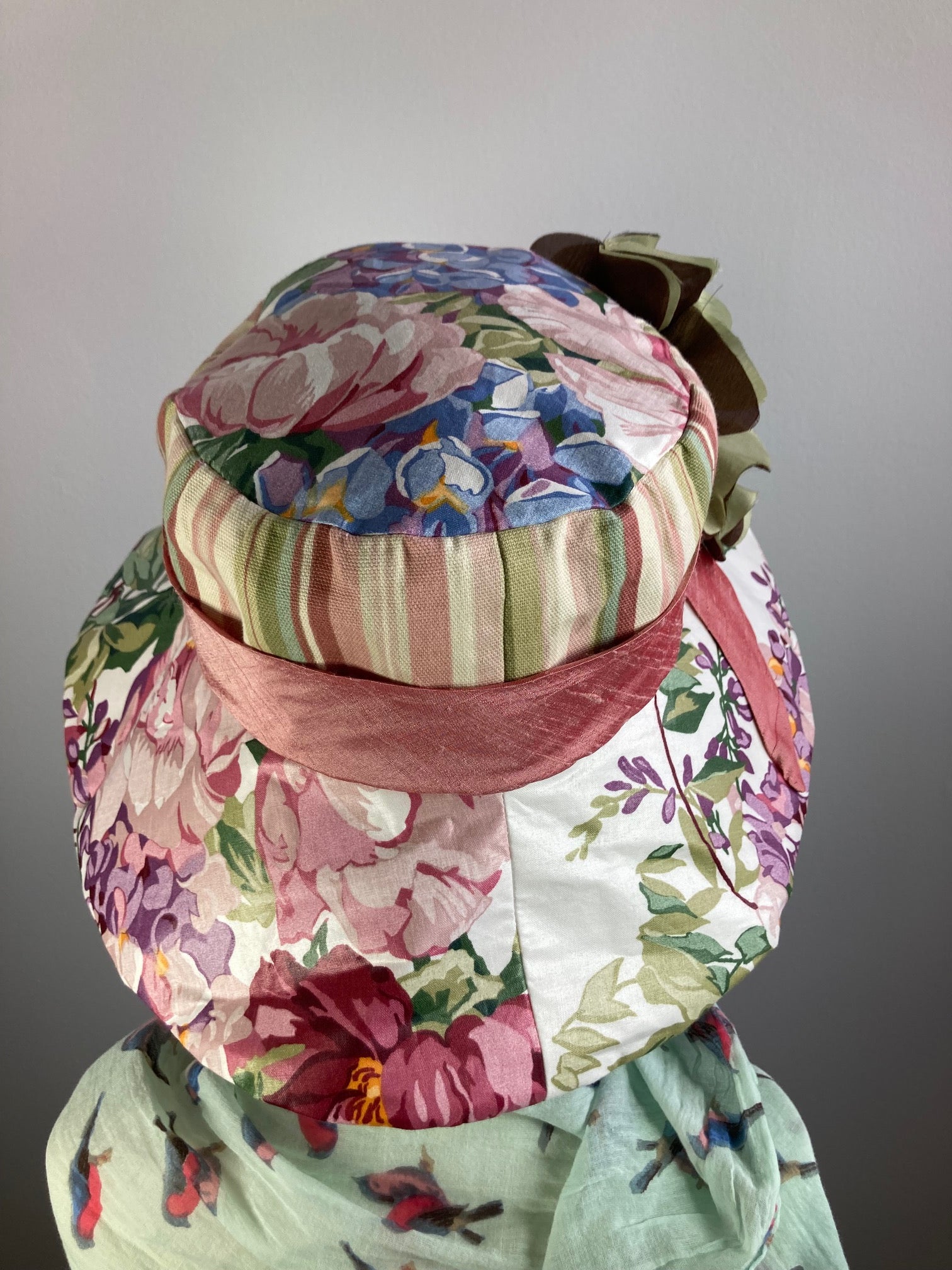 One of a kind upcycled floral sun hat. Handmade Wide Brim Women's Summer Sun Hat. Fabric summer brim hat for travel. Sustainable fashion.