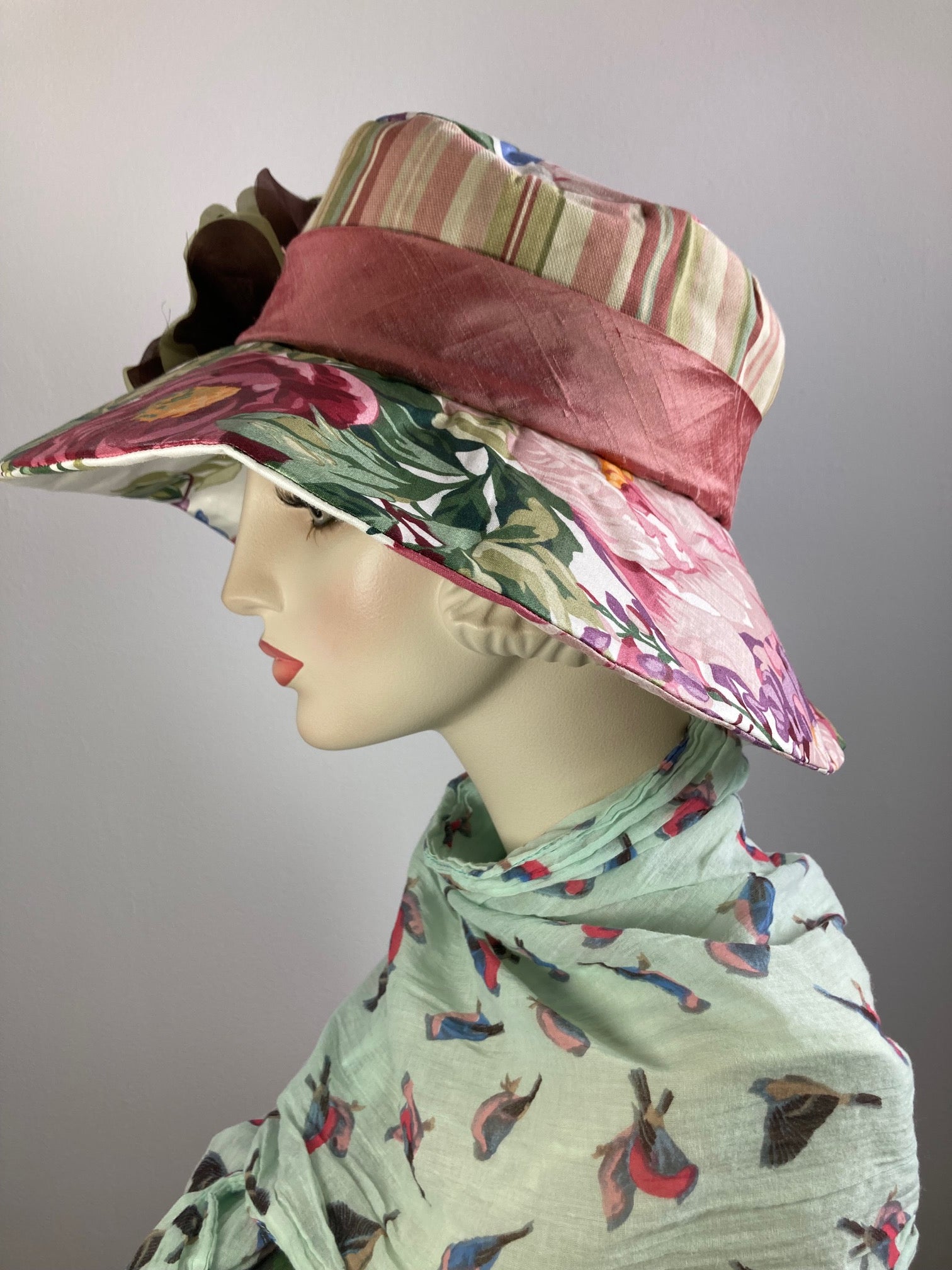 One of a kind upcycled floral sun hat. Handmade Wide Brim Women's Summer Sun Hat. Fabric summer brim hat for travel. Sustainable fashion.
