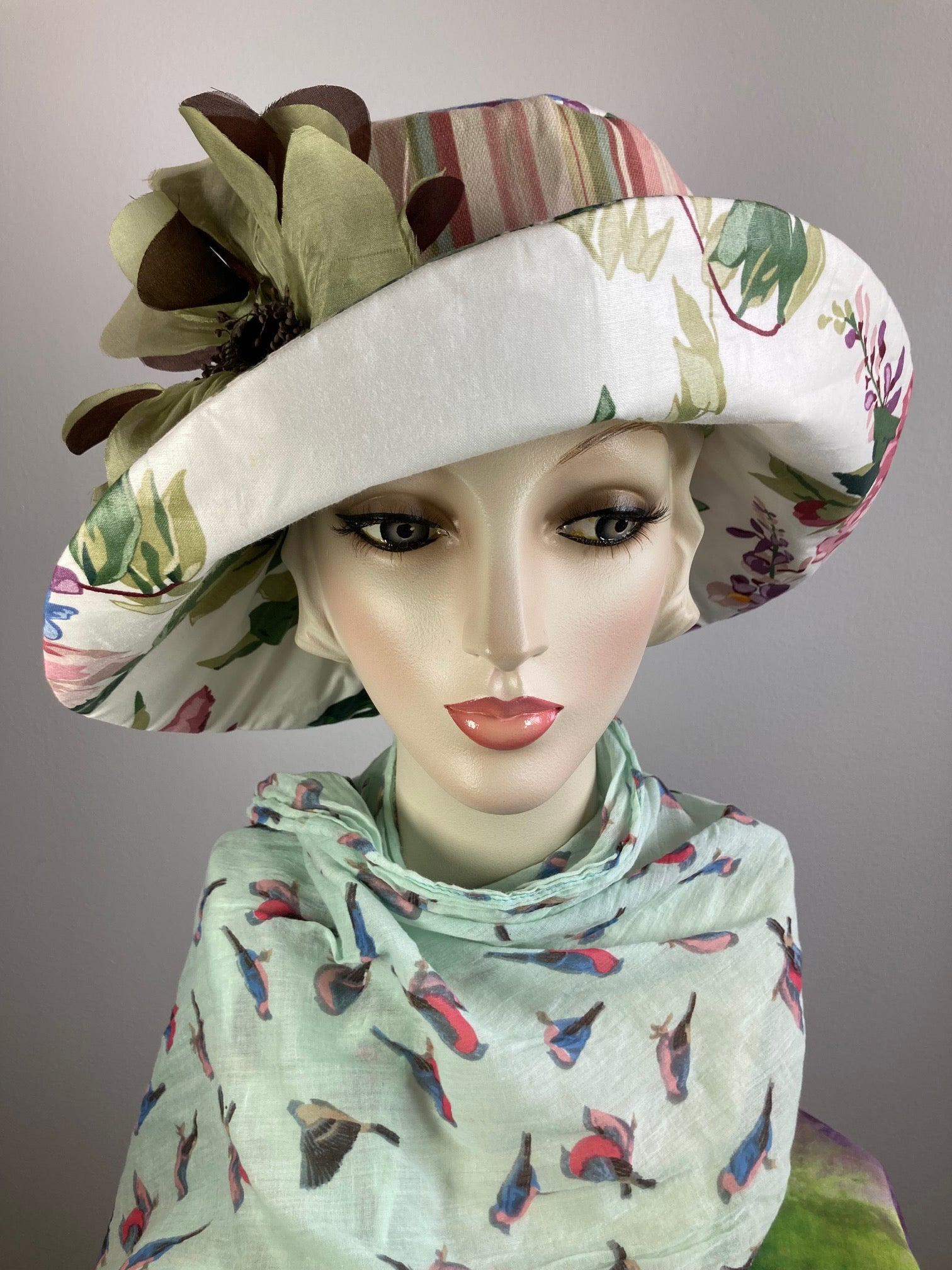 One of a kind upcycled floral sun hat. Handmade Wide Brim Women's Summer Sun Hat. Fabric summer brim hat for travel. Sustainable fashion.