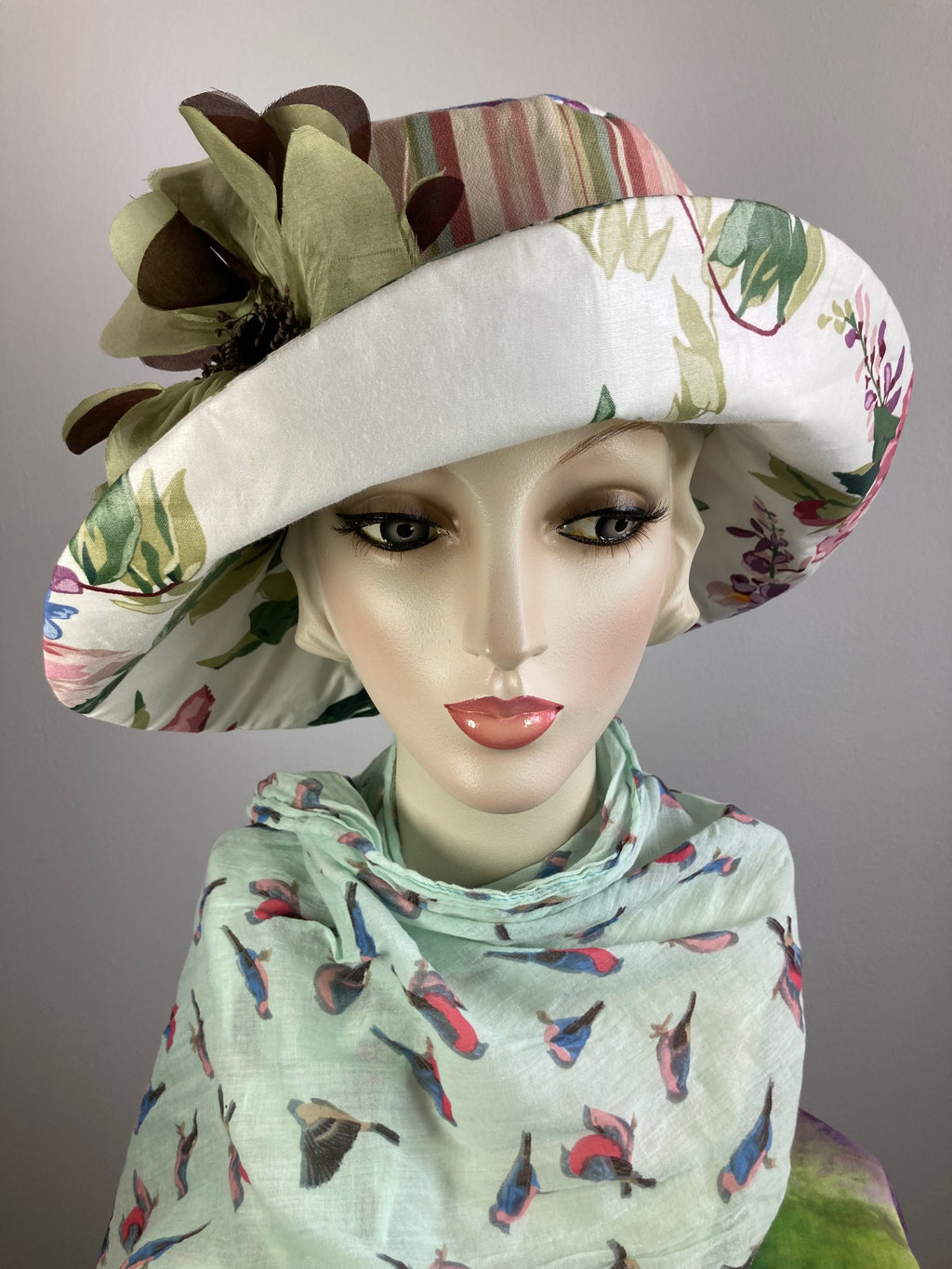 One of a kind upcycled floral sun hat. Handmade Wide Brim Women's Summer Sun Hat. Fabric summer brim hat for travel. Sustainable fashion.