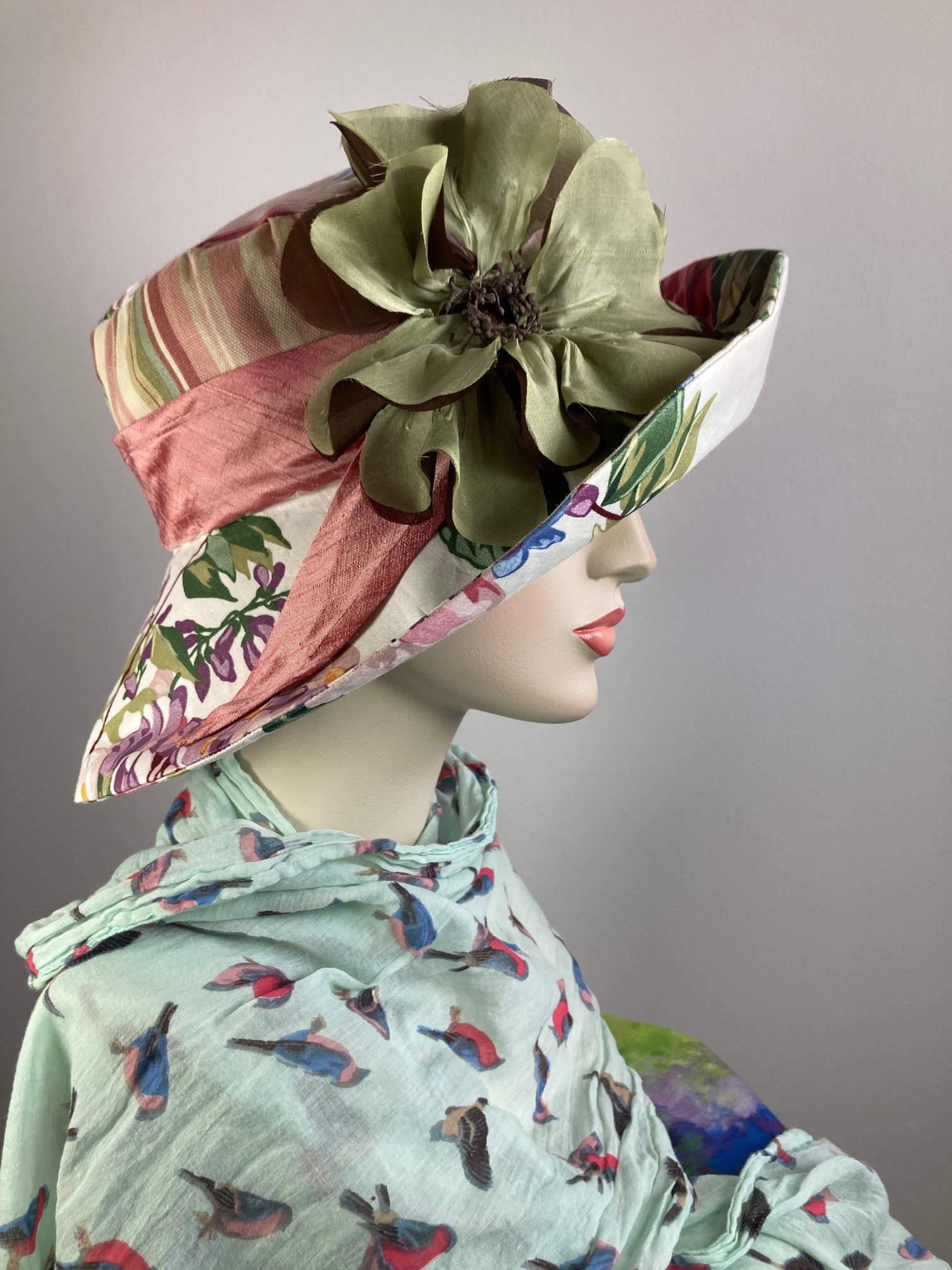 One of a kind upcycled floral sun hat. Handmade Wide Brim Women's Summer Sun Hat. Fabric summer brim hat for travel. Sustainable fashion.