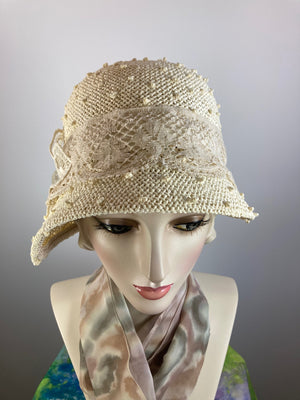 Women's 1920s Cloche Style Hat. Summer Straw Hat. Natural Straw Cloche. Women's Summer Hat. Beach Hat. Ladies Cloche. Neutral Straw Hat.