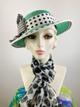 Women's Classic Green Straw Hat. Straw Hat Black and White. Green small brim hat. Handmade ladies hat Derby, occasion. Women's Church Hat.