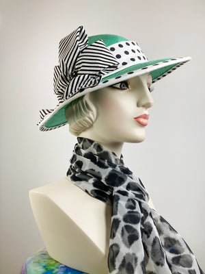 Women's Classic Green Straw Hat. Straw Hat Black and White. Green small brim hat. Handmade ladies hat Derby, occasion. Women's Church Hat.