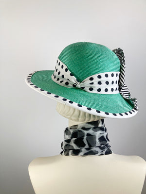 Women's Classic Green Straw Hat. Straw Hat Black and White. Green small brim hat. Handmade ladies hat Derby, occasion. Women's Church Hat.