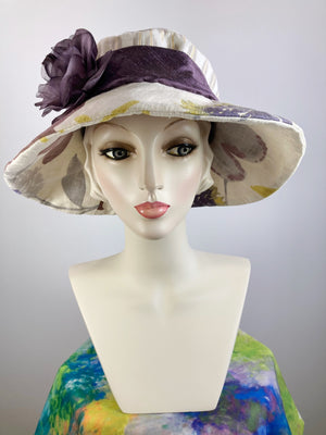 One of a kind floral sun hat. Handmade Wide Brim Women's Summer Sun Hat. Purple flower Ladies summer fabric hat. Travel brim hat.
