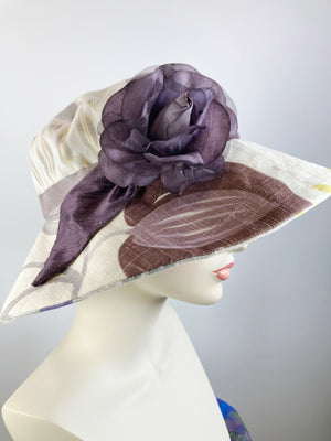 One of a kind floral sun hat. Handmade Wide Brim Women's Summer Sun Hat. Purple flower Ladies summer fabric hat. Travel brim hat.