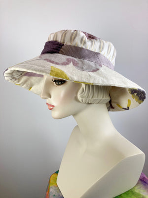 One of a kind floral sun hat. Handmade Wide Brim Women's Summer Sun Hat. Purple flower Ladies summer fabric hat. Travel brim hat.
