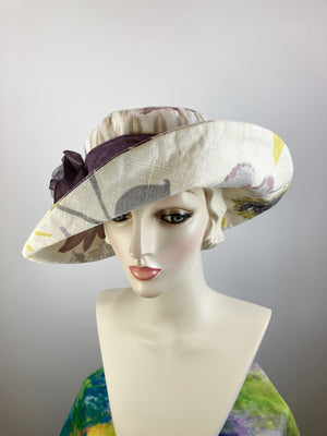 One of a kind floral sun hat. Handmade Wide Brim Women's Summer Sun Hat. Purple flower Ladies summer fabric hat. Travel brim hat.