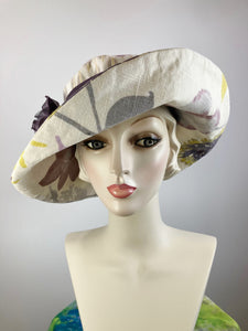 One of a kind floral sun hat. Handmade Wide Brim Women's Summer Sun Hat. Purple flower Ladies summer fabric hat. Travel brim hat.