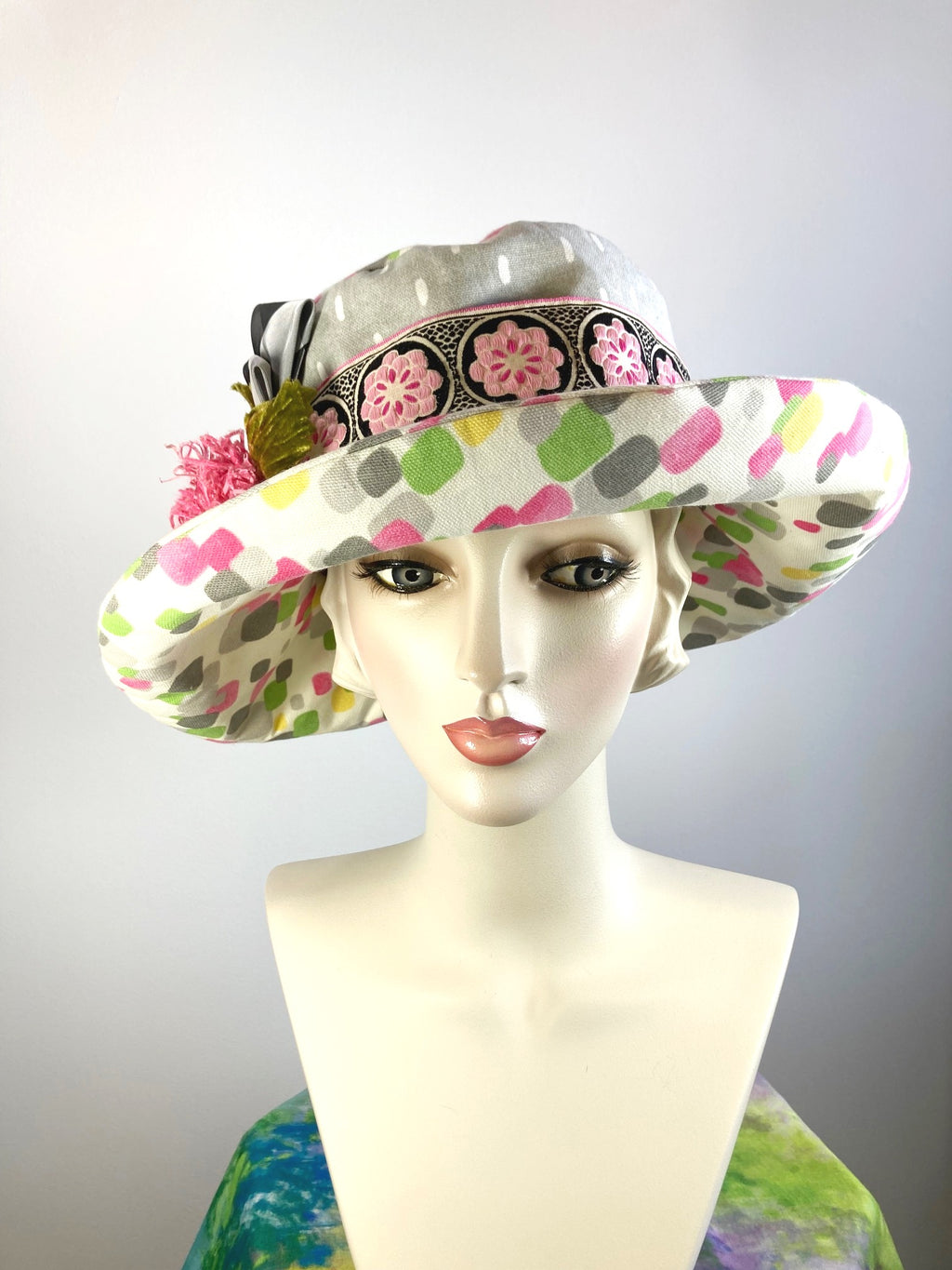 One of a kind floral sun hat. Handmade Wide Brim Women's Summer Sun Hat. Colorful Ladies summer fabric hat. Fun Travel brim hat.