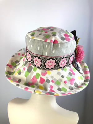 One of a kind floral sun hat. Handmade Wide Brim Women's Summer Sun Hat. Colorful Ladies summer fabric hat. Fun Travel brim hat.
