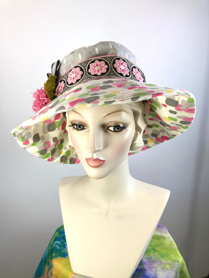 One of a kind floral sun hat. Handmade Wide Brim Women's Summer Sun Hat. Colorful Ladies summer fabric hat. Fun Travel brim hat.