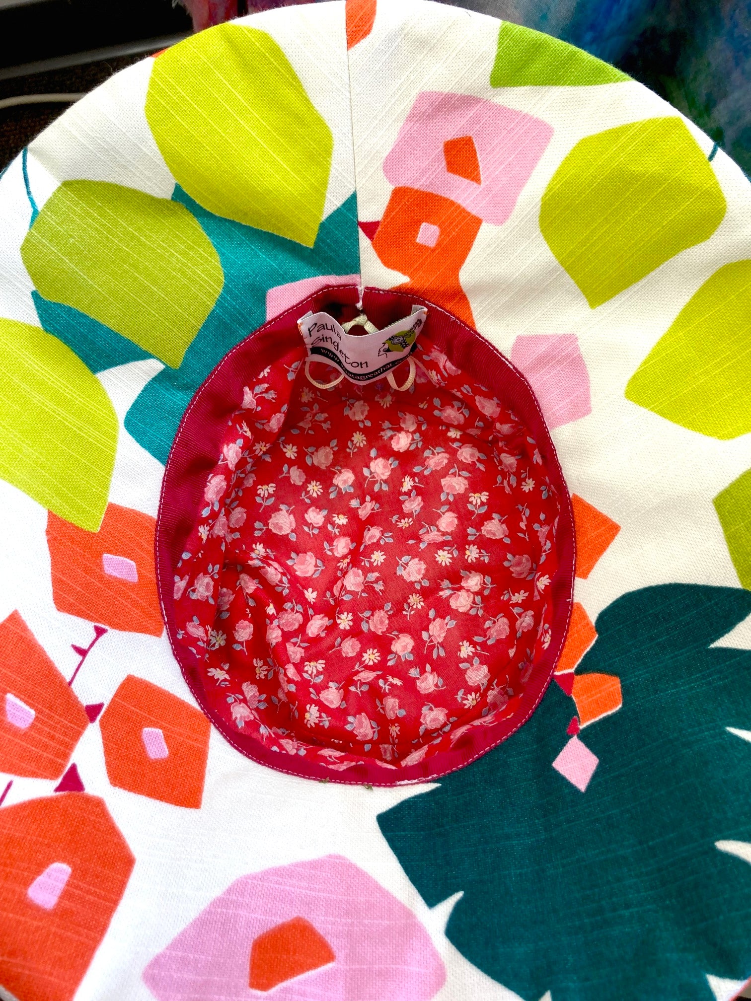 One of a kind vibrantly colored sun hat. Handmade Wide Brim Women's Summer Sun Hat. Colorful Ladies summer fabric hat. Fun Travel brim hat.
