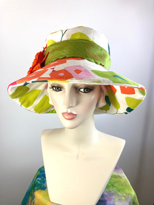 One of a kind vibrantly colored sun hat. Handmade Wide Brim Women's Summer Sun Hat. Colorful Ladies summer fabric hat. Fun Travel brim hat.