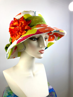 One of a kind vibrantly colored sun hat. Handmade Wide Brim Women's Summer Sun Hat. Colorful Ladies summer fabric hat. Fun Travel brim hat.