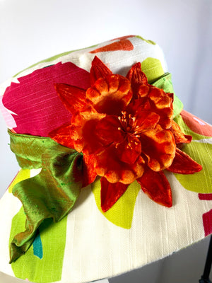 One of a kind vibrantly colored sun hat. Handmade Wide Brim Women's Summer Sun Hat. Colorful Ladies summer fabric hat. Fun Travel brim hat.