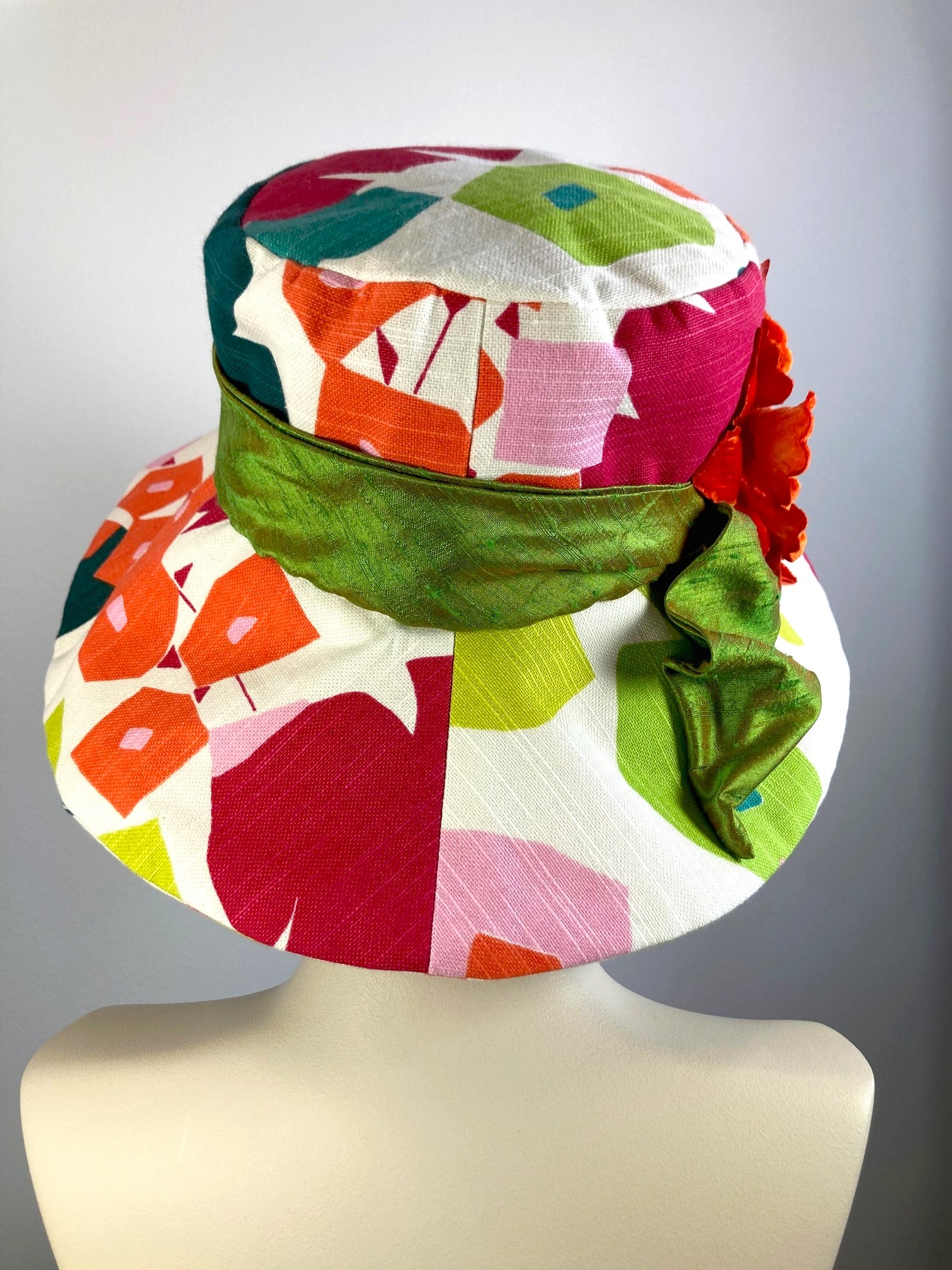 One of a kind vibrantly colored sun hat. Handmade Wide Brim Women's Summer Sun Hat. Colorful Ladies summer fabric hat. Fun Travel brim hat.