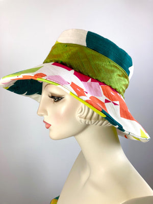 One of a kind vibrantly colored sun hat. Handmade Wide Brim Women's Summer Sun Hat. Colorful Ladies summer fabric hat. Fun Travel brim hat.
