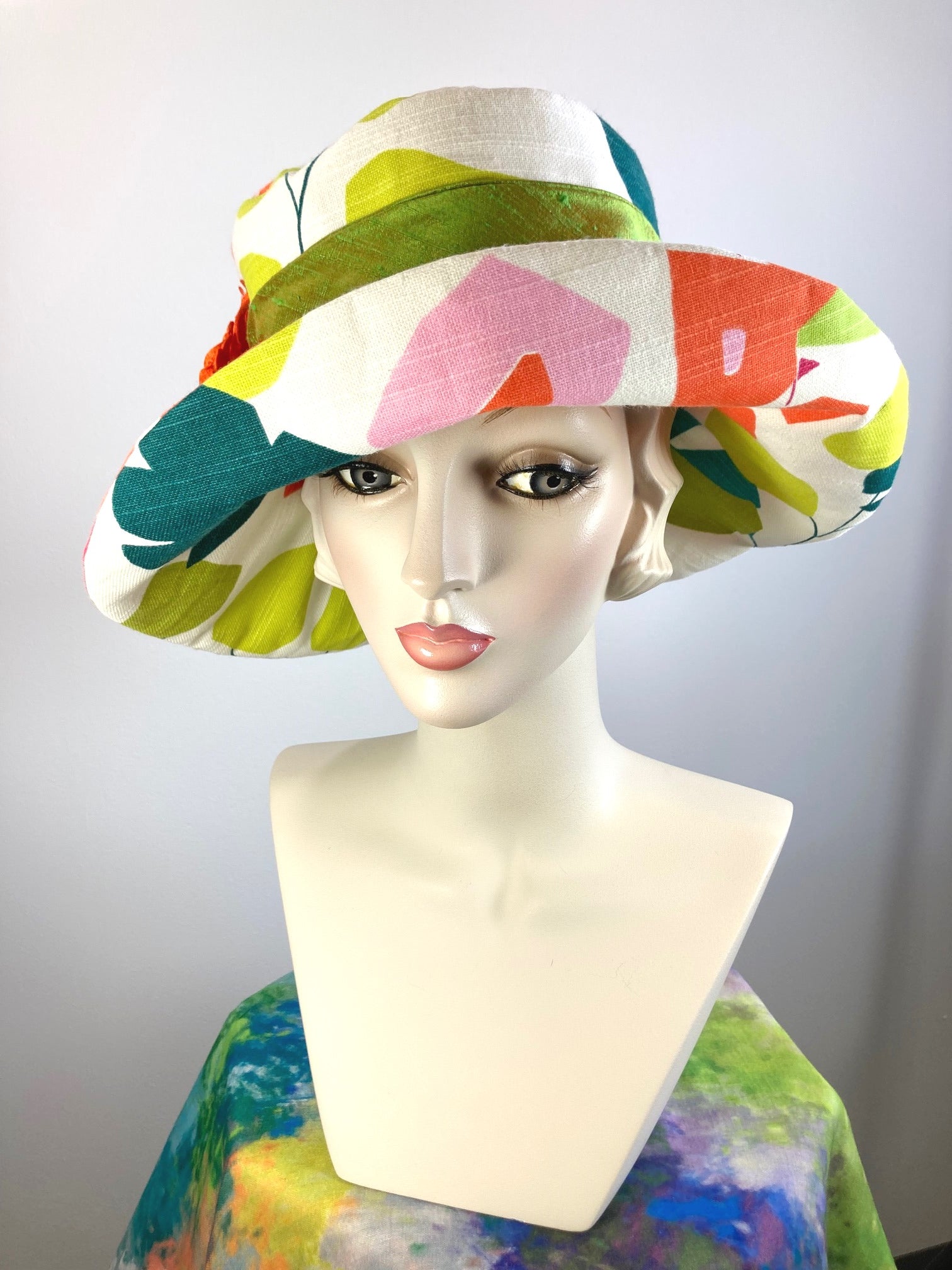 One of a kind vibrantly colored sun hat. Handmade Wide Brim Women's Summer Sun Hat. Colorful Ladies summer fabric hat. Fun Travel brim hat.