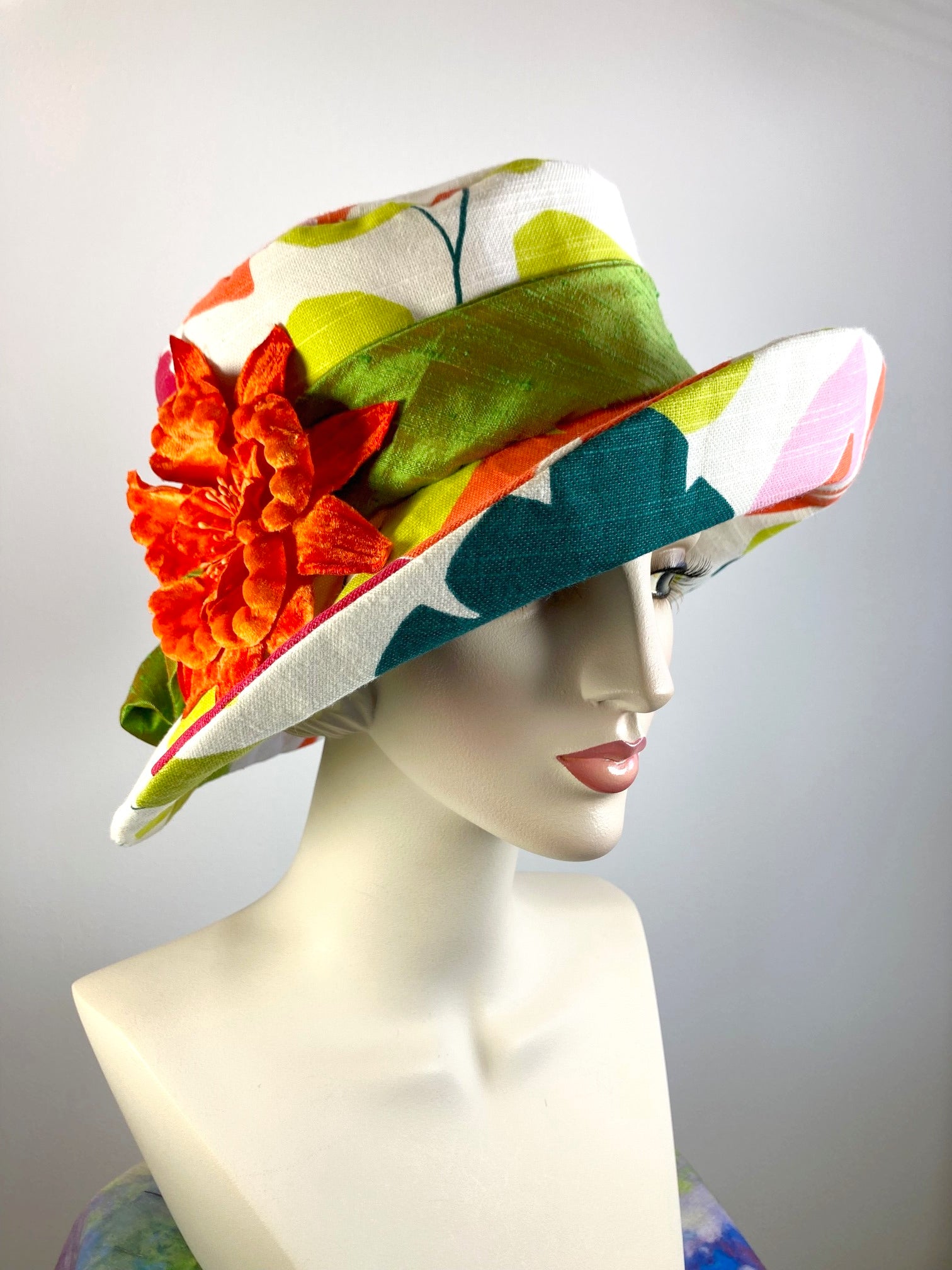 One of a kind vibrantly colored sun hat. Handmade Wide Brim Women's Summer Sun Hat. Colorful Ladies summer fabric hat. Fun Travel brim hat.