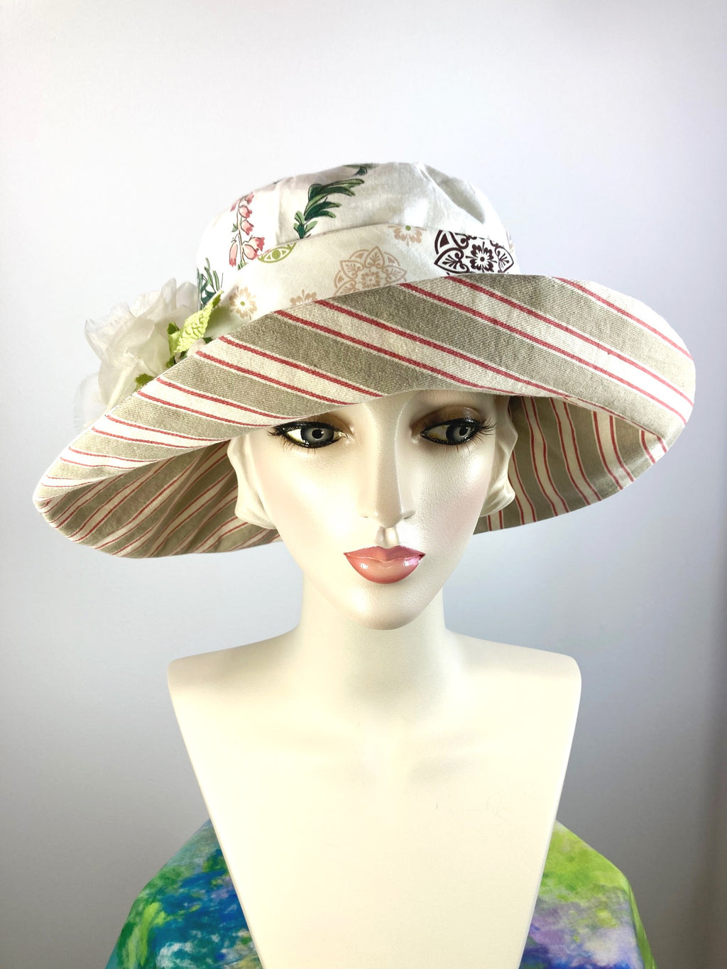 One of a kind soft floral sun hat. Handmade Wide Brim Women's Summer Sun Hat. Shabby chic  Ladies summer fabric hat. Fun Travel brim hat.
