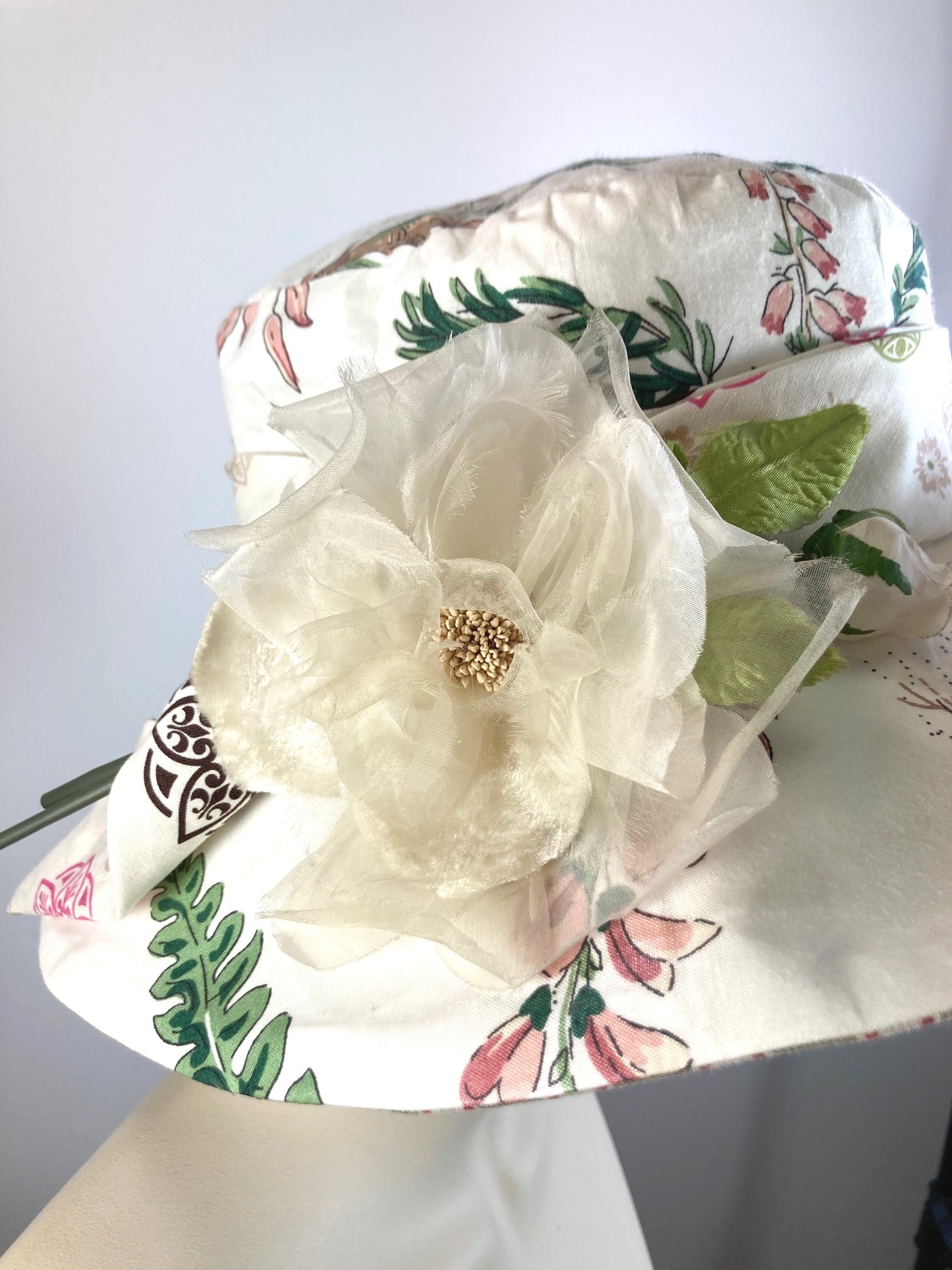 One of a kind soft floral sun hat. Handmade Wide Brim Women's Summer Sun Hat. Shabby chic  Ladies summer fabric hat. Fun Travel brim hat.
