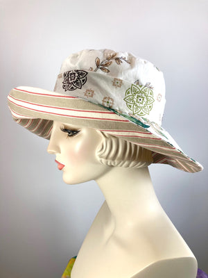 One of a kind soft floral sun hat. Handmade Wide Brim Women's Summer Sun Hat. Shabby chic  Ladies summer fabric hat. Fun Travel brim hat.