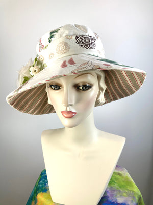 One of a kind soft floral sun hat. Handmade Wide Brim Women's Summer Sun Hat. Shabby chic  Ladies summer fabric hat. Fun Travel brim hat.