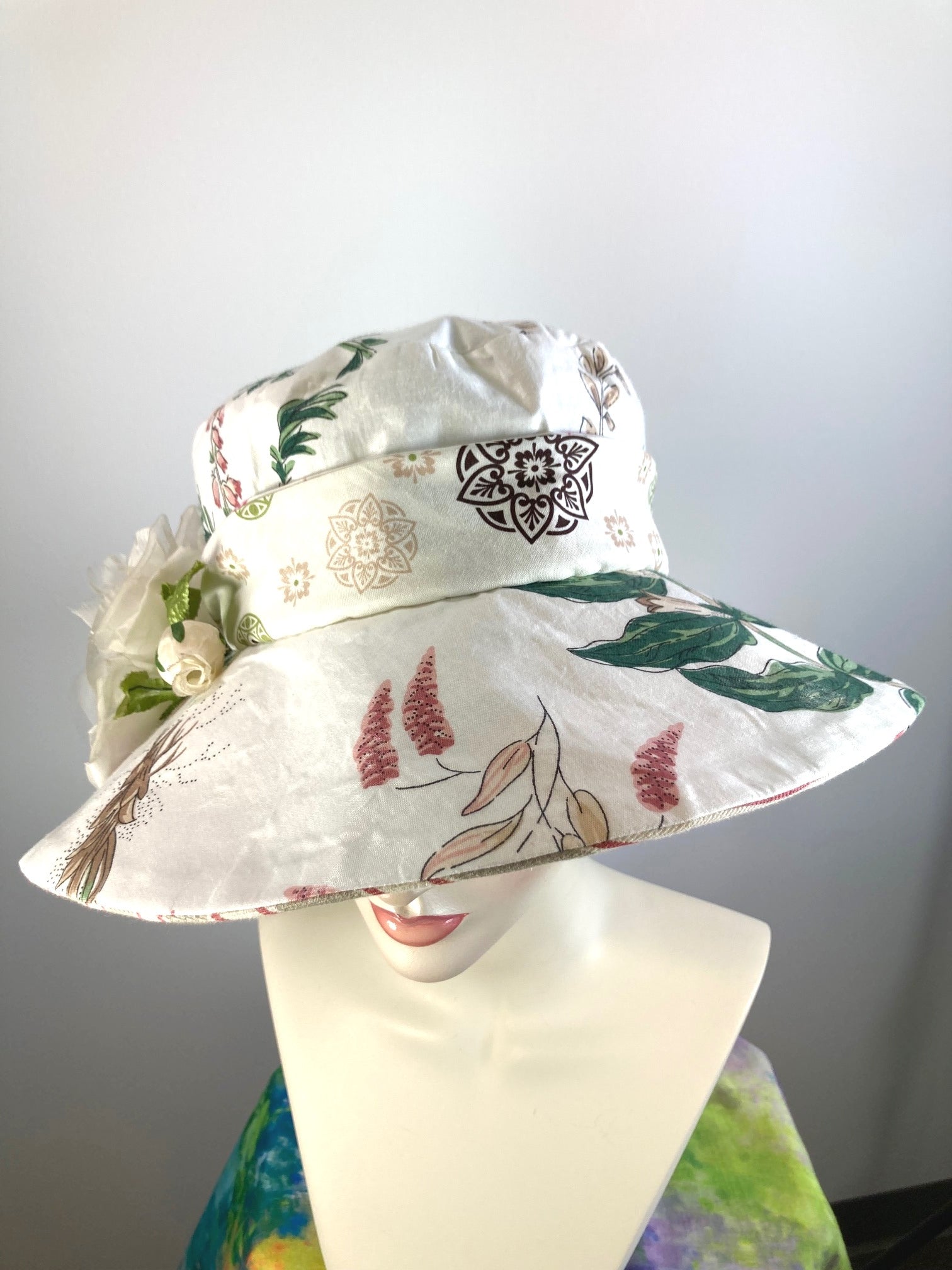 One of a kind soft floral sun hat. Handmade Wide Brim Women's Summer Sun Hat. Shabby chic  Ladies summer fabric hat. Fun Travel brim hat.